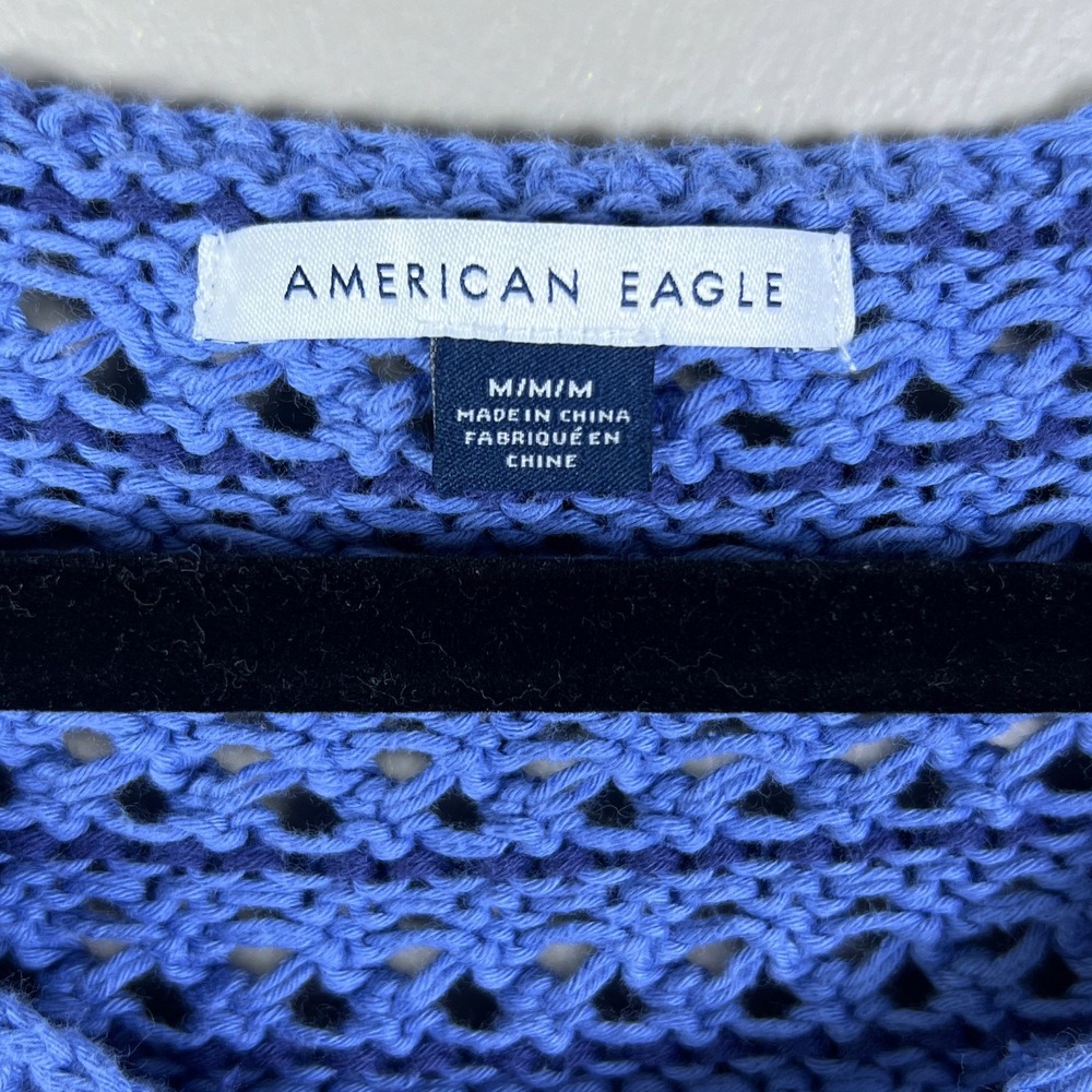 American Eagle Sweater Women's M Blue Open Knit Crochet Cottagecore - Picture 3 of 5